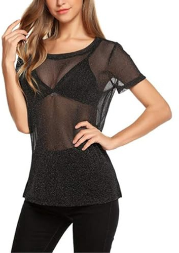 EMOTTOS Haut Sexy en Dentelle pour Femmes, Manches Courtes en Maille Transparente Imprimée, Combinaison à Col Rond, Justaucorps, Vêtements de Club