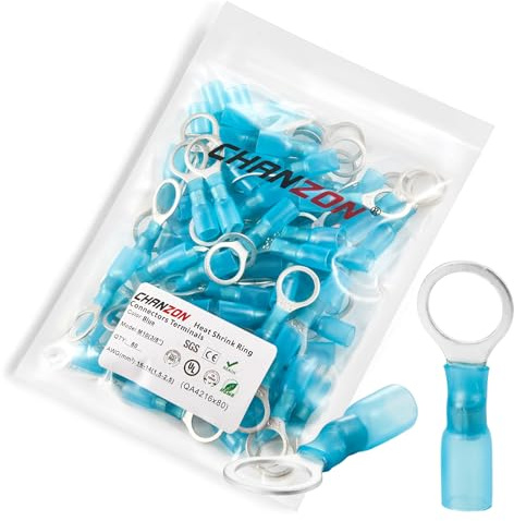 Chanzon 80pcs M10 Heat Shrink Ring Terminal 3/8 inch UL Listed 16-14AWG Gauge Eyelet Wire Connectors Waterproof Marine Grade Adhesive Lined Blue Electrical Crimp Connector for Boat Truck Stereo Car