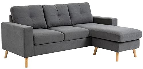HOMCOM Ecksofa L-Form Sofa mit 3 Kissen, Eckcouch mit Knopfheftung, Leinenoptik, Veränderbare Chaiselounge Couch Wohnlandschaft für Wohnzimmer, Schlafzimmer 193 x 136 x 85 cm Dunkelgrau