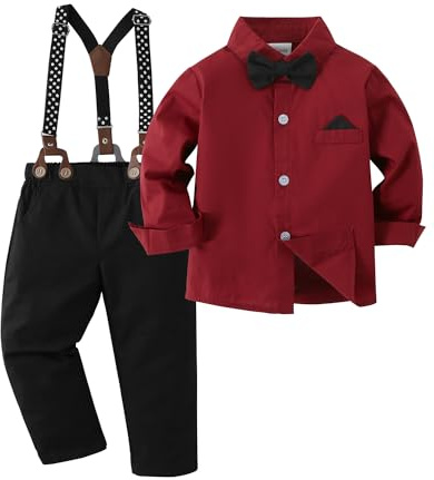 Amissz Baby Boys Gentlemen Outfits Suit, Toddler Formal Clothing Set, Long Sleeve Bowtie Shirt + Suspenders Pants Romper Set Red, 5-6 Years