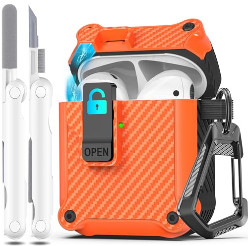 R-fun Kompatibel mit AirPods 2 Generation Hülle 2019, 1 Gen 2016 Case Cover, automatisches Pop-Up-Deckel-Design für Apple Airpods Hülle mit Reinigungsset & Schlüsselanhänger,Kohlefaser-Orange