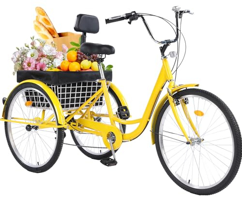 Jacgood Adult Tricycle，24/26-Inch Adult Trikes, 3 Wheel Cruiser Bike with Large Basket & Adjustable Seat, Shopping Picnic Tricycles for Women, Men, Seniors (Yellow, 24inch)