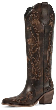 wetkiss Knee High Cowgirl Boots for Women, Vintage Brown, Size 8
