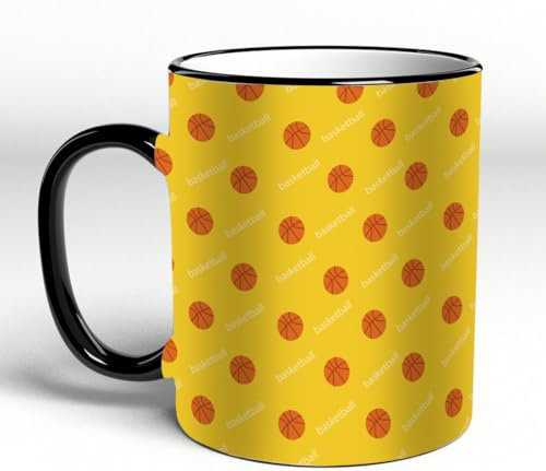 YOIUE Copa de cerámica interesante 11OZ tazas 330 ml - Regalo original y divertido Exquisita taza de impresión Decora tu taza,Balones temáticos de baloncesto, liga de atletismo sobre fondo amarillo Me