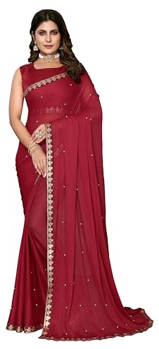 KULIA® Indisk etnisk sari för kvinnor, designer festkläder för kvinnor, festlig fest kontor kläder klänning etnisk indisk bröllopspresent sari med osydd blus, Rödbrun, L