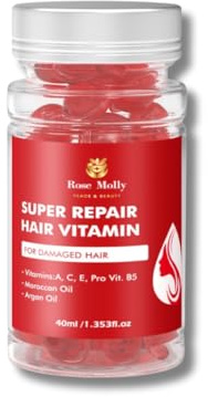 Rose Molly Super Repair Hair Vitamin for Damaged Hair, vitamin A,C, E, Pro Vit. B5, Moroccan Oil, ﻿﻿Argan Oil, Red 1.35 fl oz, 40 Capsules