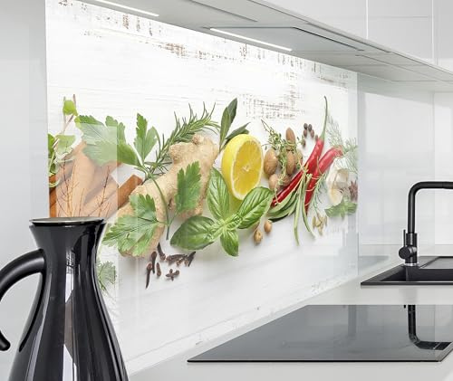 timalo Spritzschutz Wand für Herd, Küche Küchenrückwand Glasoptik | Acryl Glas 2mm | Glasrückwand Acrylglas Wandpaneele Rückwandschutz Platte | 60x52cm Kräuter Zitrone Vintage