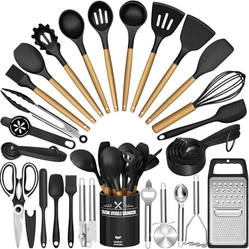 Kitchen Utensils Set - 34PCS Silicone Cooking Utensils with Holder, Heat Resistant, Nonstick Cookware Tongs Spatula Spoon Set, Wooden Handles Kitchen Tools & Gadgets (Black)