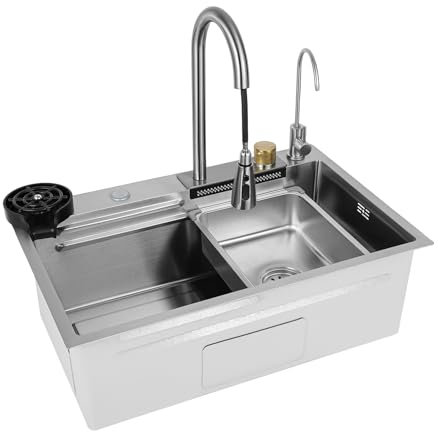 Silber Wasserfall Bar Spüle Küchenspülen 304 Edelstahl Haushaltsspüle Integrierte Spüle mit Abnehmbaren Wasserhahn 4 Arten Wasserabgabe Kann Balkonen Hotels und Cafés eingesetzt werden (68x45x21 cm)