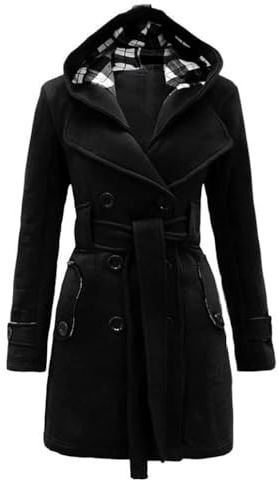 Godoboo Damen Mantel Warme Wintermantel Lange mit Kapuze Zweireihige Revers Winterjacke Trenchcoat Outwear Mit Taschen GüRtel Übergangsmantel Winter Elegant Outdoorjacke