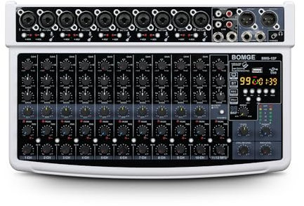 BOMGE Mixer Audio Professionale, 12 Canali, Bluetooth, USB, Alimentazione 48V, Ingressi XLR/RCA, Effetti DSP