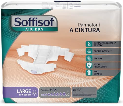 Soffisof Air Dry Pannoloni con Cintura Maxi L - 15x Pannoloni per Anziani - Assorbenza fino a 9 Gocce - Ausili Incontinenza Uomo e Donna, Confezione Singola