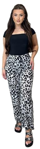 Dam djur leopard zebra tryck breda ben palazzo byxor plisse byxor stretch midja bekväma byxor, Grå leopard, L/XL