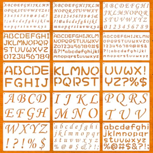 15 Pack Letter Stencils for Painting, Reusable Alphabet Stencils Plastic Letter and Number Stencil Templates Kit for Scrapbook, DIY Crafts, Art Projects (1/2, 3/4, 1, 2 Inch)