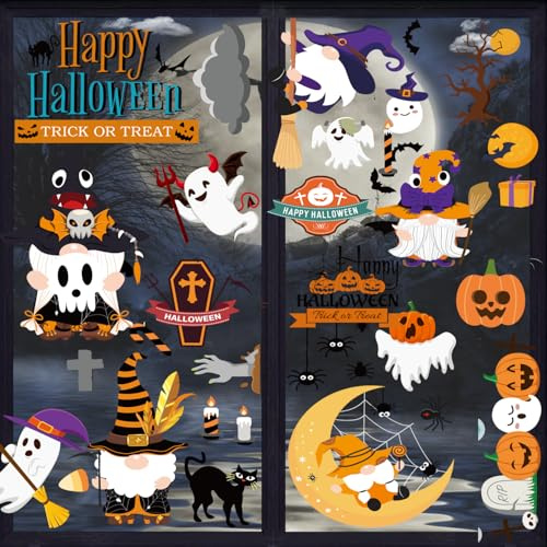 9 Sheets 98 PCS Halloween Fensteraufkleber, Fledermäuse Kürbis Spukhaus Motive, Fenster Sticker für Halloween Dekorationen Party Karneval