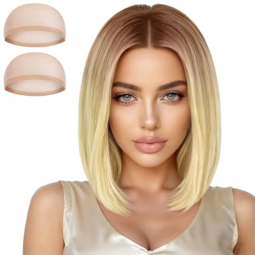 Aomig Courte Perruque Bob, Bob Perruque Ondulée Blonde avec Frange, Shoulder Longueur Bouclé, 11.8 Pouces Cheveux Synthétiques Naturels, Perruque Femme Courte pour Port Quotidien de Fête Cosplay