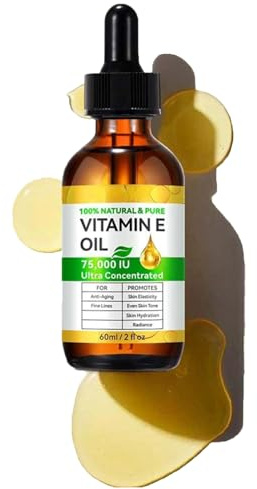 Huile de Vitamine E 75 000 UI, Huile de Vitamine E Pure, Pour Le Corps, Le Visage et Les Cheveux, Hydratante Pour Les Peaux Sèches, Facile à Absorber, 60ml/2fl Oz