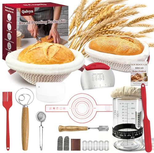 Sourdough Bread Baking Supplies, Sourdough Starter Kit with Cotton Rope Oval & Round Bread Proofing Basket and Sourdough Starter Jar, Artisan Bread Making Kit Ideal Gift for Bakers, Women Wife Mom Red