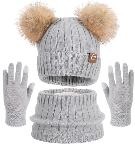 Set de Bufanda Gorro y Guantes, Conjunto de Bufanda Sombrero y Gorro Niño Invierno, Gorros con Pompon Lana Braga Cuello Polar y Guantes de Punto Cálidos para Niño 2-6 Años - Gris