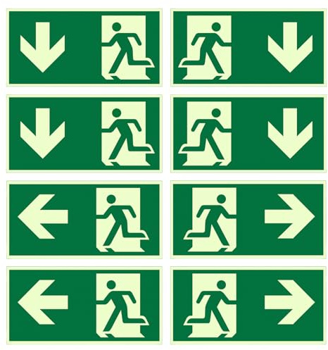 Pabbyeey 8 Piezas Carteles Salida de Emergencia 30x15 cm, Señalización de Seguridad Autoadhesiva Reflectante, Direcciones Izquierda, Derecha y Fondo, PVC para Hoteles, Escuelas y Oficinas