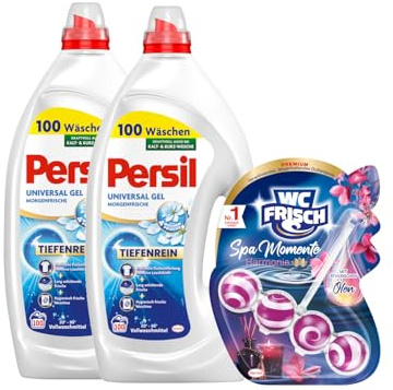 PERSIL Universal Kraft-Gel Morgenfrische 100 WL (2 x 4,5 L) + WC FRISCH Spa Momente Harmonie 1x 50 g – Langanhaltendes Dufterlebnis, Frische für die ganze Wohnung