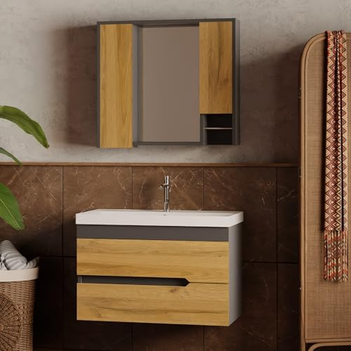 Badezimmermöbel Set Marmara 80 Anthrazit| Keramikwaschbecken | Unterschrank | Spiegelschrank | Handtuchstange|Softclose-Schubladen & -Türen, Griffmulden | Natürlicher Stil | Badmöbel Waschtisch