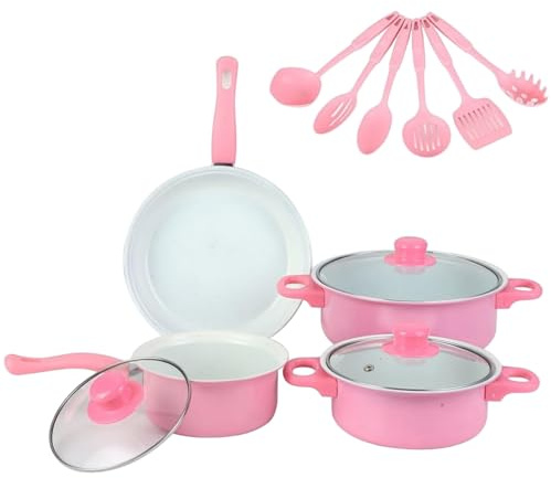 Lawnrden Juego de sartenes, ollas y sartenes de Hierro Fundido, 13 Piezas de Utensilios de Cocina Lindos antiadherentes, Incluye Tapas, Utensilios de Cocina de inducción con Mango cómodo, sin PFOA