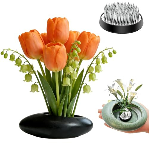 Ikebana-Vasen-Set mit 5,1 cm Blumen-Frosch-Anstecknadel, Keramik-Blumen-Froschvase für Tischdekoration, Bastelbedarf, Schwarz