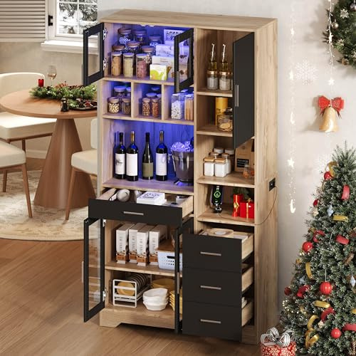 CelticHearth Estantería de cocina estilo granja vintage, armario alto con estantes ajustables, luces LED que cambian de color y enchufe, 185 × 100 × 40 cm