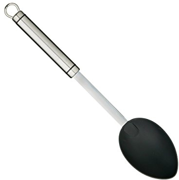 KitchenCraft Cucchiaio da Cucina Professionale in Acciaio Inossidabile con Testa in Nylon Antiaderente, 34 cm - Argento / Nero