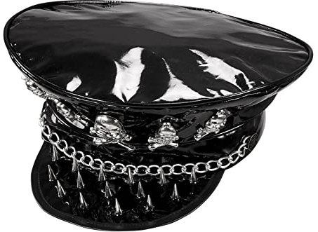 W WIDMANN MILANO Party Fashion 75720 - Rocker Hut, mit Totenköpfen, Nieten und Kette, Schwarz, aus Vinyl, Hut, Kopfschmuck, Accessoire, Karneval, Mottoparty