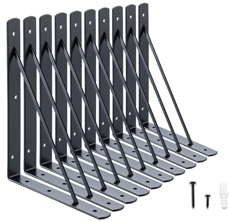 HOME MASTER HARDWARE 10 x 8 in Shelf Brackets, 90 Degree Triangle Wall Mount Angle L Bracket for Floating Shelves, Metal Support w/ Screws, 10 Pack Black