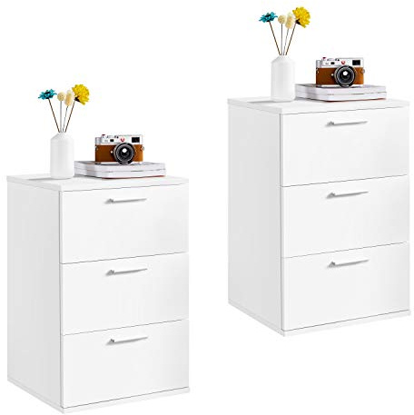 Yaheetech Set of 2 Bedside Cabinets with 3 Drawers, White | Metal Pull Handles, 35 × 40 × 60 cm Each, Coordinated Pair with Compact Vertical Storage for Bedroom or Guest Room