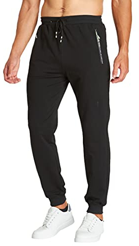 ZOXOZ Pantaloni Sportivi Uomo Cotone Pantaloni Elasticizzati Uomo Jogging con Elastico in Vita con Tasche Zip Nero L