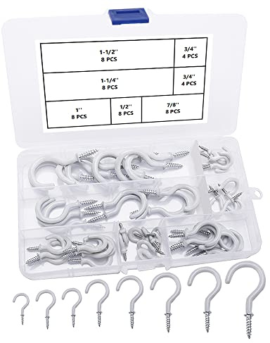 VooGenzek 48 Stück Hakenschrauben, Einschraub Deckenhaken, Beschichtet Cup Haken Mit Schutzhülle Aus Kunststoff, Vinyl Beschichtet Schraubhaken Cup Haken, 6 Größen - Weiß