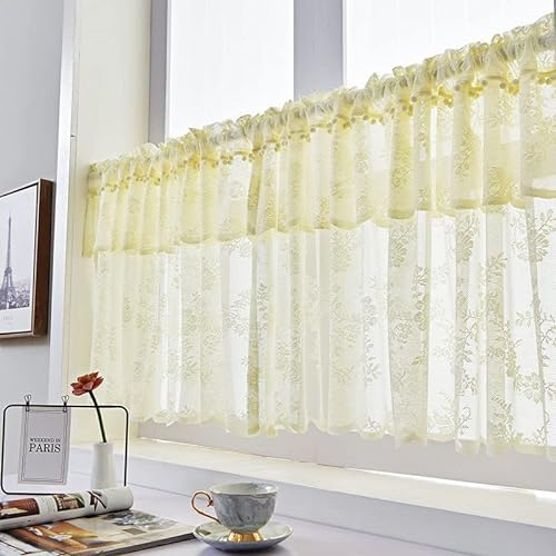 Devola Scheibengardine mit Blumen Kurzgardine Landhaus mit Spitze Kurzstore Gardinen Bistrogardine Transparent Kurze Vorhänge Landhausstil Küchenvorhang BxH 150x60cm Gelb 1 Stück