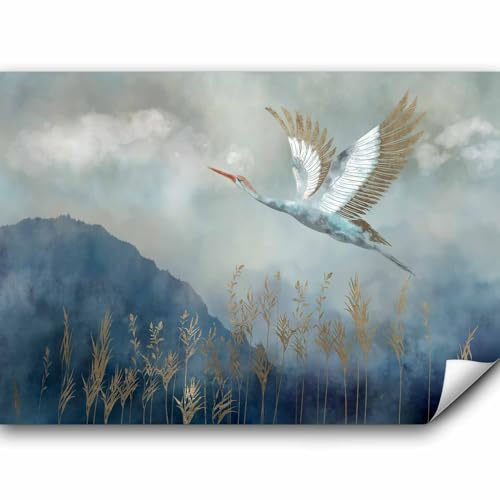 murando - Fototapete Premium-Vlies Landschaft 350x256cm - Foto Tapete Wohnzimmer Moderne Vliestapete Wandtapete Motivtapeten Bildtapete 3d Effekt Wand Dekoration Berge Pflanzen Storch blau wie gemalt