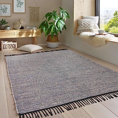 Taracarpet Handwebteppich Borkum Teppich fürs Wohnzimmer, Schlafzimmer und als Küchenteppich geeignet 100% Baumwolle grau 080x150 cm