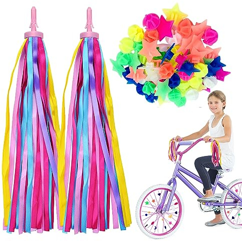 Fahrradzubehör-Set für Kinder, 2 Stück, Fahrradquasten + 36 Speichenperlen für Kinder, Mädchen, Regenbogen-Fahrradzubehör, bunte Quastenbänder, Fahrrad-Clip-Perlen, Kinder-Fahrradzubehör für