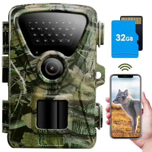 Wildlife Camera WiFi Bluetooth - 1440P 32MP Trail Camera with Night Vision Motion Activated Waterproof IP66, 0,2s Trigger Speed Trail Cam with 32GB SD Card No Glow 940nm LEDs for Animal Monitoring