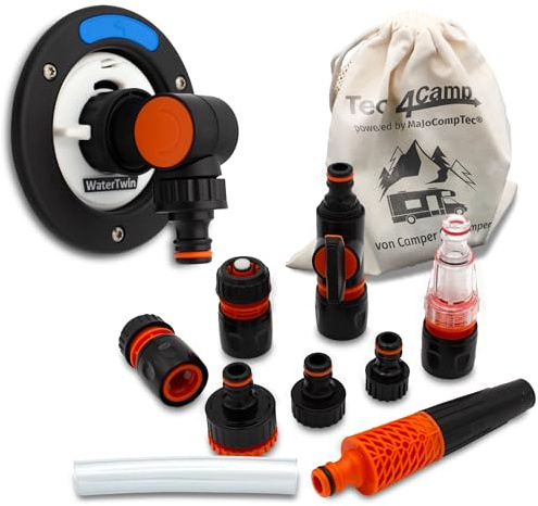 MaJoCompTec® WATERTWIN Tankadapter Wasserfilter Zähler Set | Wohnmobil Wasser Tankdeckel Zubehör | Einfüllstutzen Adapter kompatibel mit Gardena | Typ 3-Pin D:78 (CLEAN+CONNECT-Set)