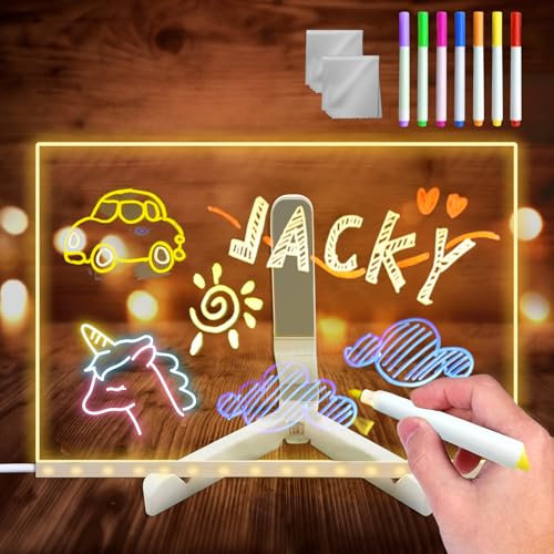 Tableau mémo LED avec couleurs - Tableau acrylique transparent avec support lumineux - Tableau effaçable à sec - Acrylique lumineux - Avec veilleuse et stylo à 7 couleurs - 20 x 30 cm