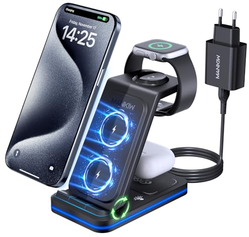 MANKIW Ladestation für iPhone, 3 in 1 Ladestation für iPhone und iWatch,Kompatibel mit iPhone17/16/15/14/13/12/11/X Serie, Apple-Watch 11-2 Serie, AirPods 4/3/2/Pro