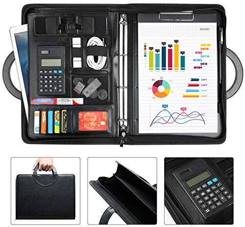 LOETAD Cartella Portadocumenti A4 con Cerniera Pelle Impermeabile Organizer Portadocumenti da Viaggio con Portablocco Raccoglitore ad Anelli per Colloqui/Viaggi/Riunioni