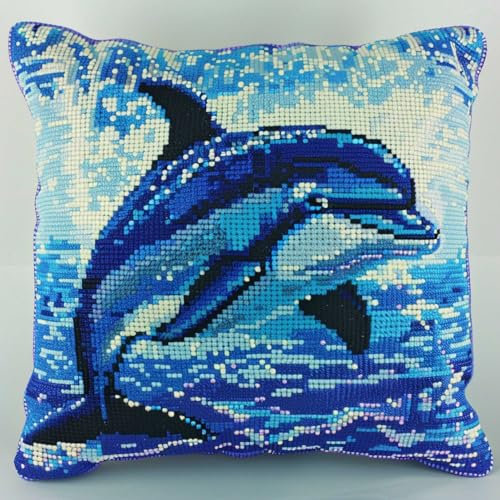 RKFLGEW Kissenherstellungsset, Cartoon-Delfin-Tier, Diy-Kreuzstich-Sofa-Kissenbezug Mit Knüpfwerkzeug, Passend Für Teenager Und Erwachsene, Knüpfhaken-Kissenbezug-Set 43x43cm