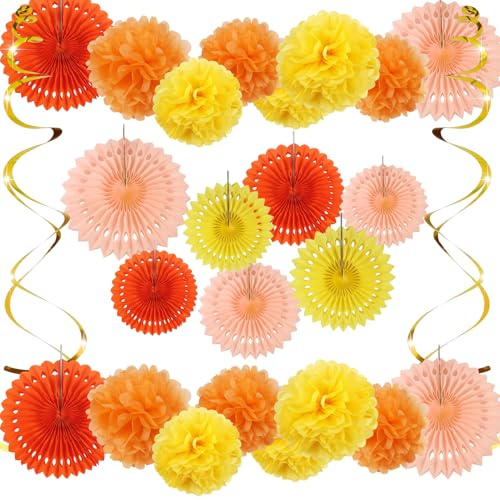 TOAOB Party Deko 19 Stück Seidenpapier Pompons Gelb Serie Party Dekoration Papier Pompoms Girlande Papier Fans Fächer und Hängende Spiralen Girlande für Partydekorationen Hochzeit Set Geburtstagsdeko