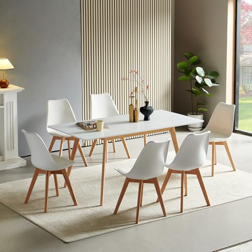 H.J WeDoo Esstisch Ausziehbar mit 6 Stühlen Esszimmergruppe, Rechteckig Küchentisch und 6er Set Esszimmerstühle Essgrupp für Wohnzimmer Küche Büro(120-160cm Weiß Tisch+6 Weiß Stühle)