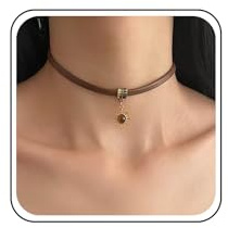 Aneneiceera Vintage Brown Leather Choker Necklace Tiny Sunflower Pendant Necklaces Wide Brown Leathers Necklaces Leather Cord Necklace Chain Jewelry for Women