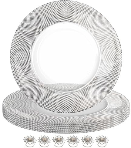 Event Decor Shop Set di 12 eleganti piatti piani argentati con motivo a scacchi, con anelli portatovaglioli, 33 cm, in vetro, per matrimoni, feste ed eventi speciali, decorazione da tavola