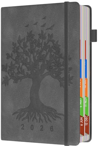 Terminplaner 2026, A5, ein Tag pro Seite, Januar bis Dezember, 2026, Tagebuch-Seite pro Tag, ganzes Jahr, Tagesplaner mit Monatsübersicht, bunten Tabs und feiner Innentasche (Baum)